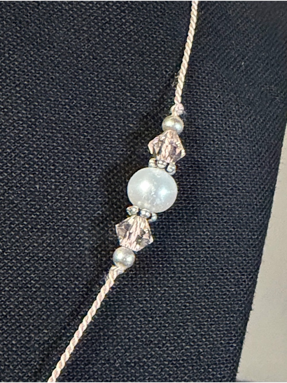 Freshwater pearl, crystal and sterling silver pink cord necklace. - Picture 3 of 12
